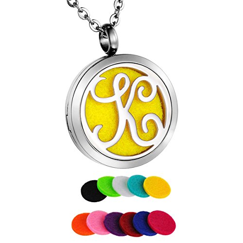 HooAMI Aromatherapy Essential Oil Diffuser Necklace Locket Pendant,Alphabet Letter K Initial Necklace