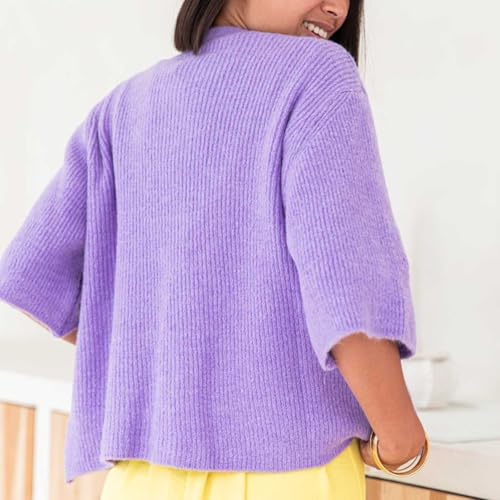 Image of Womens Button Up Short Sleeve Cardigans Sweater Cropped Lightweight Round Neck Elegant Knit Tops with Pockets