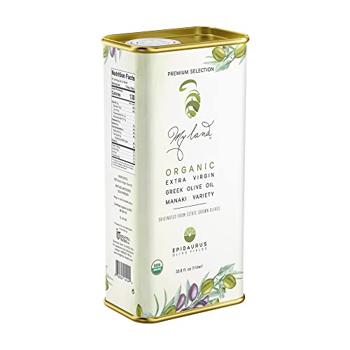 My Land Organic Extra Virgin Olive Oil Cold Pressed â€“ Single Variety Manaki Unfiltered Greek Olive Oil â€“ Perfect for Salad Dressings & Marinades â€“ 33.8 Fl Oz / 1 Liter Olive Oil Tin