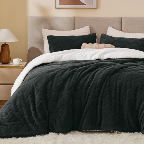 Image of BEDELITE Fluffy Sherpa Queen Comforter Set,Black | Super Soft & Warm Fleece Bedding, Luxury Fuzzy Comforter for Winter, Heavy Plush Bedding Set,2 Pillowcases
