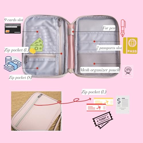 P-H1 Travel Family Passport Holder RFID Blocking Passport Waterproof Wallets for Men Women Travel Document Organizer Cards Case, Lightweight Portable Passport Cover with Zipper Pocket (Pink)2