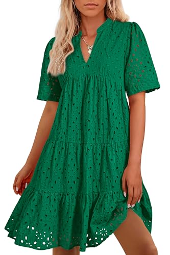 Image of BTFBM Womens Boho Summer Dresses 2026 Spring V Neck Short Sleeve Hollow Out Lace Ruffle Casual Beach Mini Vacation Dress