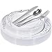 Silver Scroll Rim Plastic Dinnerware (125-Piece) Plastic Plates, Plastic Forks, Plastic Knives, Plastic Spoons - Service for 25 Guests Place Setting for Wedding, Party, Baby Shower, Birthday, Holiday