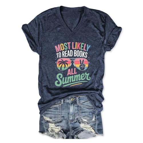 GAQEUWR Womens Most Likely to Read Books All Summer Teacher Student T-Shirt, Casual Last Day of School Teacher Shirt Navy Blue