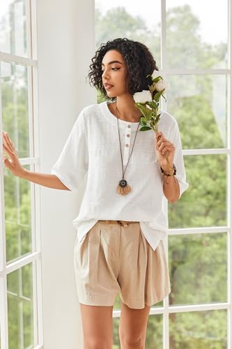 Linen Tops for Women 3/4 Sleeve Crew Neck Cotton Shirts Casual Jacquard Boho Blouse3