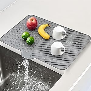 Image of SONANI Silicone Dish Drying Mat for Kitchen, Large 23 x 17 Inch Dish Drainer Mat with Drain Lip, Waterproof Heat Resistant Non-Slip Silicone Mat for Sink & Counter, Utensil Dish Drying Mat (Grey)