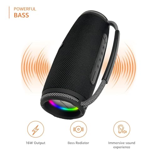 Image of amazon basics Bluetooth 16W Speaker, with TWS Function, Powerful Bass, BT 5.3, MicroSD Card Slot, RGB Lights, AUX Input, USB Support, and in-Built Noise Cancelling Mic (Black)