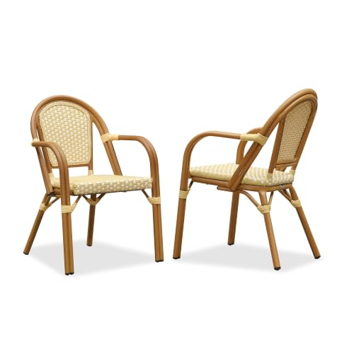 Image of PURPLE LEAF French Wicker Bistro Armchairs Set of 2, Bamboo Finish, Yellow