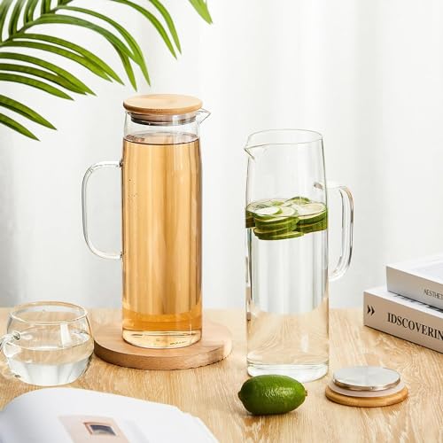 Image of Bellemax Premium Glass Water. Jug - 1.8 LTR, Transparent, Hot Cold Water Glass Pitcher with Wooden Lid Water Jug, Iced Tea, Milk and Juice Beverage Carafe, Lemon JugS 1800ML (TM-14)