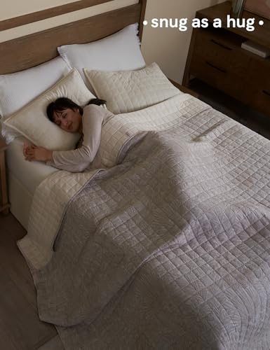 Image of YnM King Size Linen Weighted Blanket for Adults (88x104 Inches, 25 Pounds, Palm Tree), Exclusive Smallest Compartments, Heavy Bed Blanket for Two Persons of 110~190lbs on Queen or King Bed