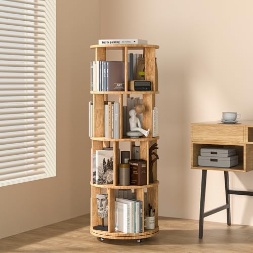 Image of IUNVR 4 Tier Rotating Bookshelf Tower Spinning Bookshelf with Swivel Wheels Book Shelf Rotating Storage Tower for Kids Adult Narrow Solid Wood Revolving Bookcase Organizer for Bedroom Living Room