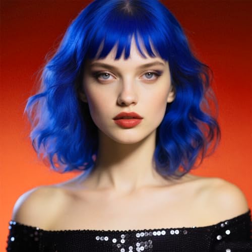 winacdkil Blue Wavy Wig With Bangs, Wavy Wig for Women，Synthetic Natural Looking Heat Resistant Fiber Cosplay Halloween Party Wigs for Girl Colorful Costume Wigs（Blue）