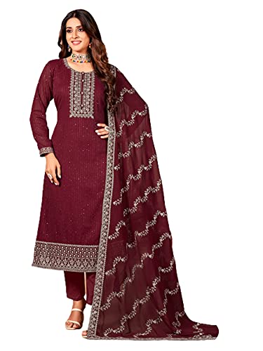 Salwar Kameez indien rouge en faux georgette brodé taille S pour femme