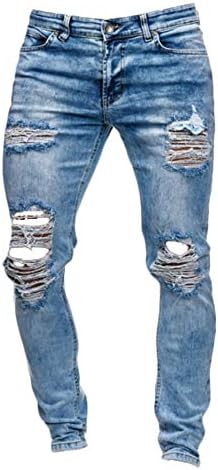 Andongnywell Men’s Mid Waist Slim Fit Ripped Denim Pants Plus Size Distressed Hole Skinny Pockets Jeans Trousers
