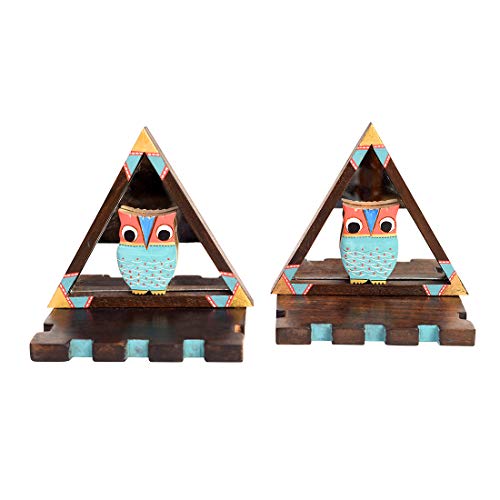 Image of AAKRITI ART CREATIONS Triangular Wall Decor Shelves (SO2) with Blue Owl Motifs Set on Mirrors (7x4.7x7.2)