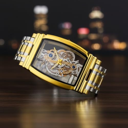 Image of ODXO Luxury Skeleton Mechanical Style Look Watch | Gold-Tone Stainless Steel Band, Transparent Dial Display | cronoworking Stainless Steel Luxury Men's Fashion Gents Watch Open dail |
