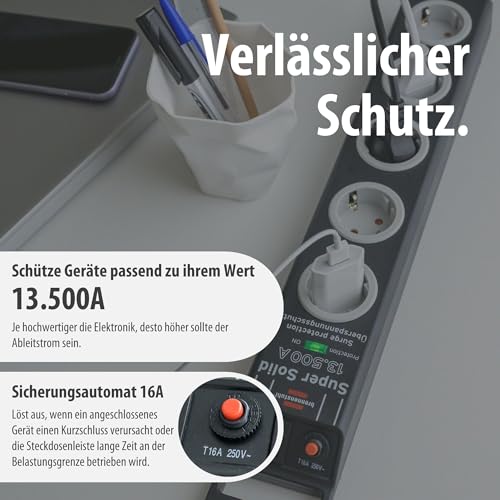 Brennenstuhl Super-Solid Steckdosenleiste 5-Fach mit Überspannungsschutz (Mehrfachsteckdose mit 2,5m Kabel und Schalter - aus bruchfestem Polycarbonat) schwarz/grau