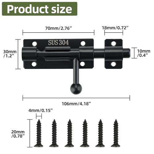 Image of Alise 4 Inch Slide Lock SUS304 Stainless Steel Gate Latch, Slide Bolt Latch,Thickened Heavy Door Latch Lock, Black Barrel Bolt Latch, Security Slide Latch Lock for Outdoor Fence,Window,Shed Door