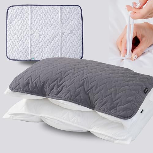 CASADEX 250TC Quilted Cotton Bed Pillow Cover – Adjustable Band, Breathable & Hypoallergenic Pillow Protector – Fits Standard, Queen, Memory Foam & Contour Pillows – No Zipper – White/Dark Gray -  Basic-Dark Grey
