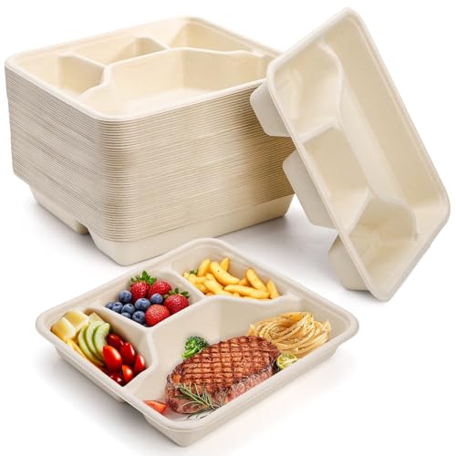 TOPZEA 50 Pack 4 Compartment Disposable Paper Plates, 9.4"x 8.6" Compostable Deep Divided Plates Heavy Duty Bagasse School Lunch Tray, Sugarcane Sectional Plate Food Containers for Dinner Buffet Party