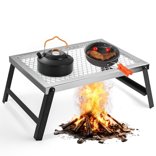 Anbte Folding Campfire Grill, 41 cm x 18 cm Heavy Duty Steel Mesh Grate Chrome Finish with Folding Legs, Portable Campfire Cooking Equipment, for Camping Outdoor BBQ Cooking Open Fire, Silver
