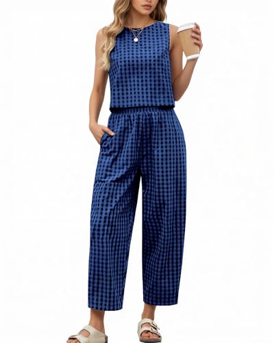 2 Piece Sets For Women 2025 Summer Matching Wide Leg Crop Pants Outfits Travel Vacation Beach Lounge Sets (Blue, XXL)