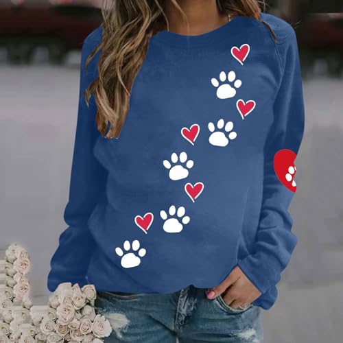 Sweatshirt Damen Niedlich Hundepfoten Muster Oberteile Leichtes Herbst Winter Pullover Liebes Herz Muster Langarmshirt Locker Pulli Tops Basic Shirt Rundhals Langarm Bluse Bequem Tunika