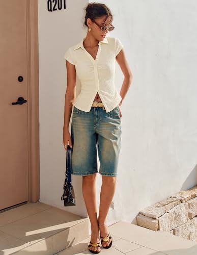 Womens Button Down Shirts, Ruched Summer Tops with Y2K Collar, Slim Fit Short Sleeve Dressy Casual Blouses(White, L) — view 5