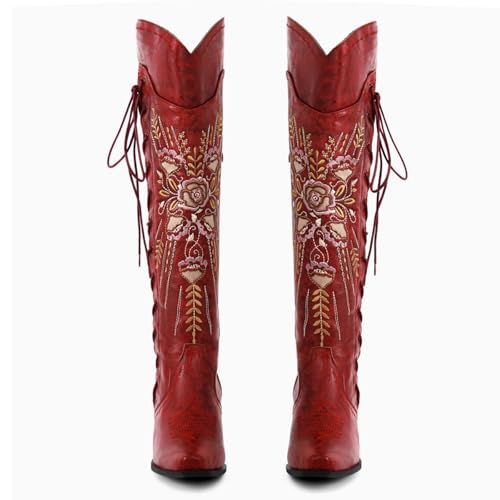 Yolkomo Women's Red Cowboy Boots - Wide Calf, Knee High, Embroidered, Lace Up, Thigh High, Western Style, Pointed Toe, Chunky Block Heel, Distressed, Size 6