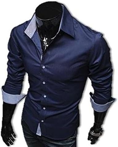 Amazon Takk タック メンズ 長袖 スリム おしゃれ ボタン カッター シャツ ワイ シャツ ドレス シャツ L ネイビー シャツ 通販