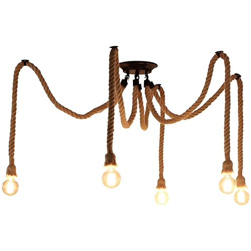 EmyZöilure E27 Hemp Rope Pendant Light,Vintage Ceiling Lamp Holder with Adjustable Cord for...
