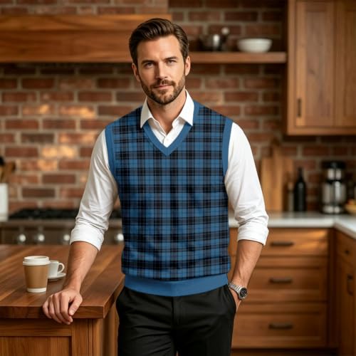 Christmas Sweater Vest Men V Neck Plaid Knit Lightweight Pullover Sweater - image 4