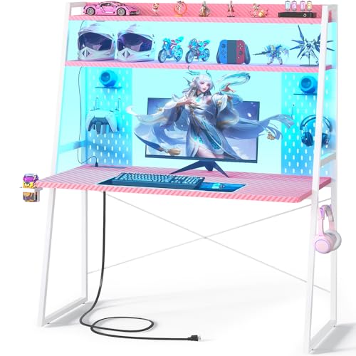 Small Gaming Desk with Hutch and LED Lights, Gaming Computer