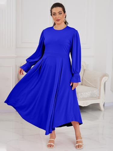 Image of Baczoe Plus Size Long Sleeve Church Dress for Curvy Women | Maxi Length, Elegant Formal Style, Flowy A-Line Shape, Two Side Pockets