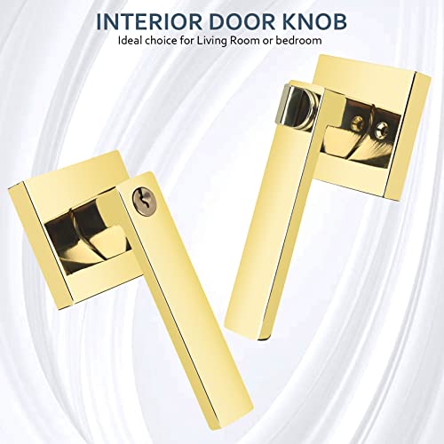 Ehomeware 2 Pack Bedroom Door Knobs With Lock And Key, Keyed Alike Brass Door Handles For Interior/Exterior Doors, Modern Entry Door Lever Handle Lock In Polished Brass Finish #TOP6