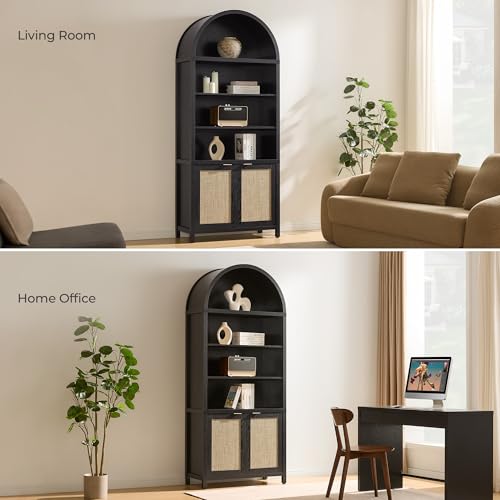 Image of SICOTAS 84.2 inch Tall Arched Bookcase with Doors - 5 Tier Rattan Bookshelf