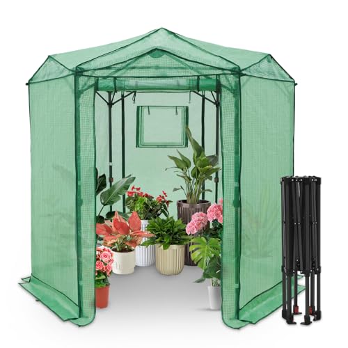 Image of EAGLE PEAK 6.6x6.6 Easy Setup Pop Up Greenhouse, Hexagon, Clear /Green