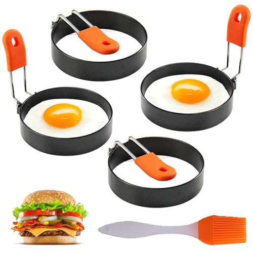 4 Moules à Oeufs en Acier Inoxydable, 4 Pouces Anneaux D'oeuf Antiadhésifs, Moule à Oeufs Antiadhésif pour Poêle à Frire, Avec Poignée Pliante en Silicone et...