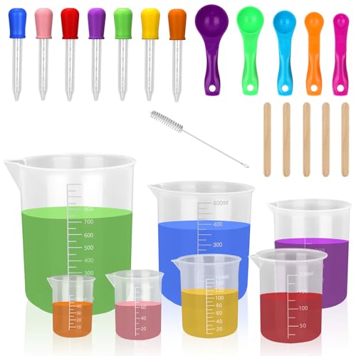Furuising 7 Stück Messbecher Set - 50/100/150/200/250/500/1000ml Kunststoff Mit Maßstab, Wiederverwendbar Transparent für Labor Küche - Mit Pipette, Messlöffel, Rührstab, Pinsel