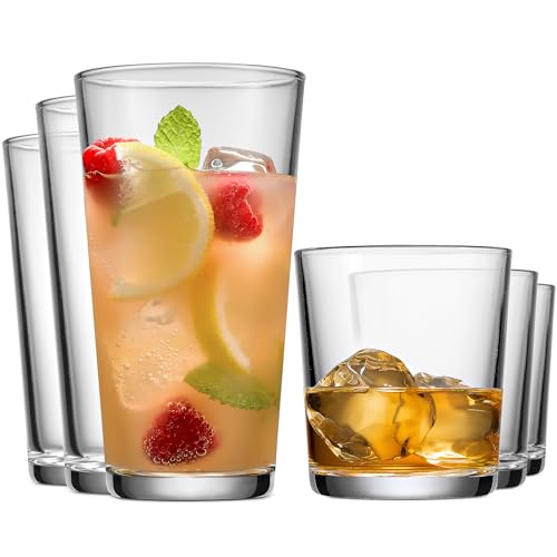 Glaver\'s Drinking Glasses Set of 8 Mixed Glassware Set, 4 Highballs 17 Oz., 4 Whiskey Glasses 13 Oz., Great For Cocktail Whisky and other Beverages. Dishwasher Safe.