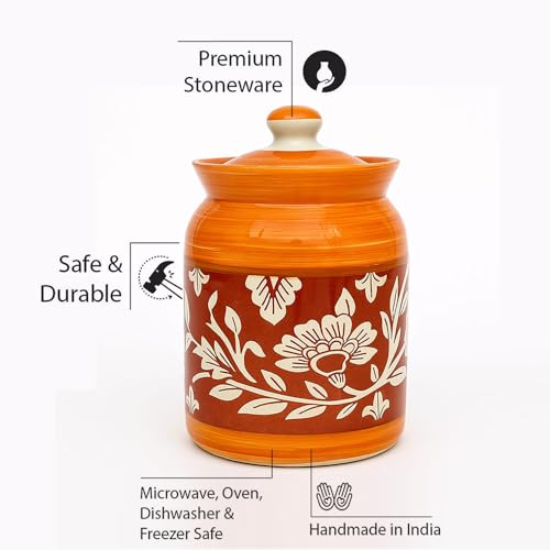 Image of D'Maiolica Ceramic Pickle Kitchen Jars in 1000ml (set of 2) | Handpainted Floral Bale 1 kg Achaar Martban Barni | Ceramic Storage Containers | Jars for Achar, Spices, Salt (Full Yellow Red Floral)
