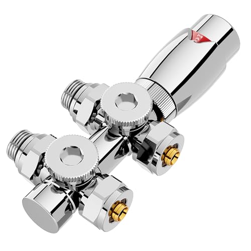 GIMBELEN Multiblock Set für Heizkörper Anschlussarmatur mit Thermostat, Hahnblock Heizkörper Ventil Eck- und Durchgangsform, Heizkörperventil für Badheizkörper Heizungszubehör Chrom G1/2'
