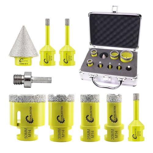 SANLEETEK Tile Hole Saw Kit - Diamond Core Drill Bits Set 9pcs (6/6/8/20/25/35/50mm+35mm Beveling Chamfer Bit+Triangle Shank Adapter) for Porcelain Tile Ceramic Marble Granite with M14 Thread