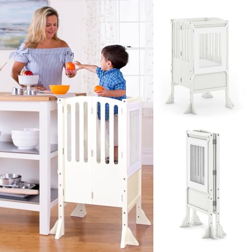 Image of Guidecraft Contemporary Kitchen Helper® Stool with 2 Keepers- Ivory: Foldable, Adjustable Height, Wooden Step Stool Tower for Toddlers | Little Kids Safety Learning Furniture