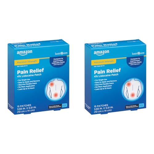 Image of Amazon Basic Care Maximum Strength OTC Pain Relief, 4% Lidocaine Patch, 3.9 inch x 5.5 inch, 15-Count Box (Previously HealthWise) (Pack of 2)