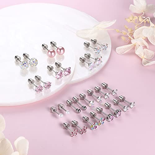 Yadoca 14 Pairs Hypoallergenic Screw Back Stud Earrings For Women Surgical Steel Tiny Cz Pearl Ball Heart Flower Screwback Earrings Studs Set Multicolored Pink #TOP2