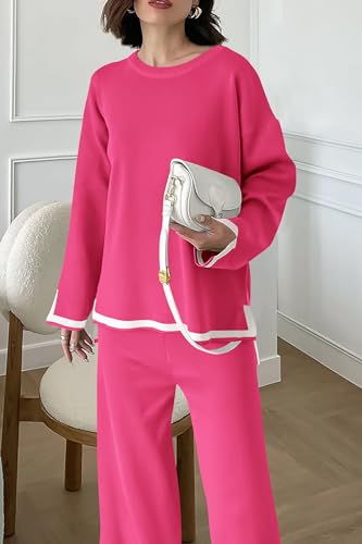 PRETTYGARDEN Women's 2 Piece Fall Knit Sweater Set Long Sleeve Tops Wide Leg Pants Sweatsuit Tracksuit Outfit Winter Clothing