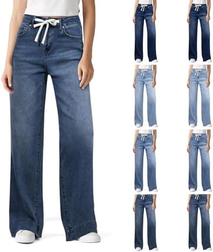 Pull On Jeans for Women Casual Classic Straight Leg Denim Pants Baggy Adjustable Drawstring High Waisted Trousers