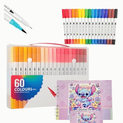 Kit 60 Canetinhas Ponta Dupla (Pincel + Fina) + Livro de Colorir ...