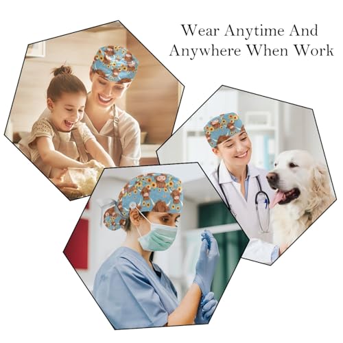 Image of 2 PCS Bouffant Cap with Button Ponytail Pouch Working Cap Sweatband Adjustable Surgical Cap Black and White Cow